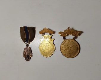 3 Antique Firemen Ribbons, Souvenir Medals, 1 with Fire Truck