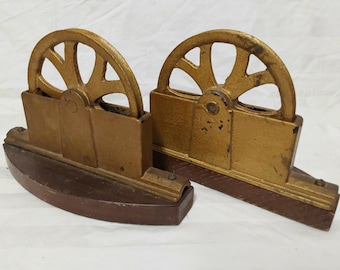 Antique Industrial Pulley Wheel Bookends, Office Home Decor