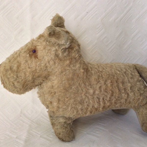 Adorable Antique Straw Stuffed Mohair Scottish Terrier Toy, Doll