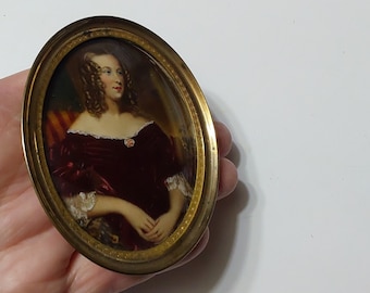 Vintage Miniature Painting of a Beautiful Lady, Bubble Glass Frame