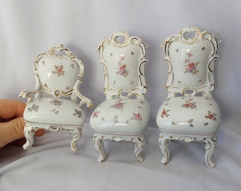 3 Antique Miniature Porcelain Chairs, Figurines