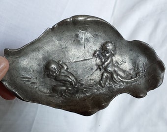 Charming Antique Art Nouveau Tray, Cherubs in Ocean