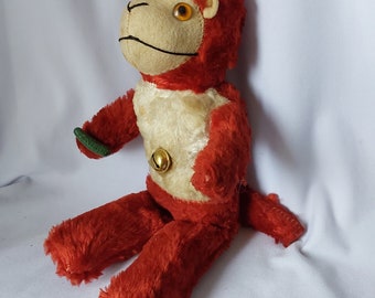 Vintage Red Mohair Monkey Plush Toy, Stuffed Animal Doll