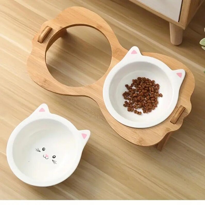 Elevated Cartoon Cat Bowl With Wood Stand Ceramic Cat Food & Water Dish
