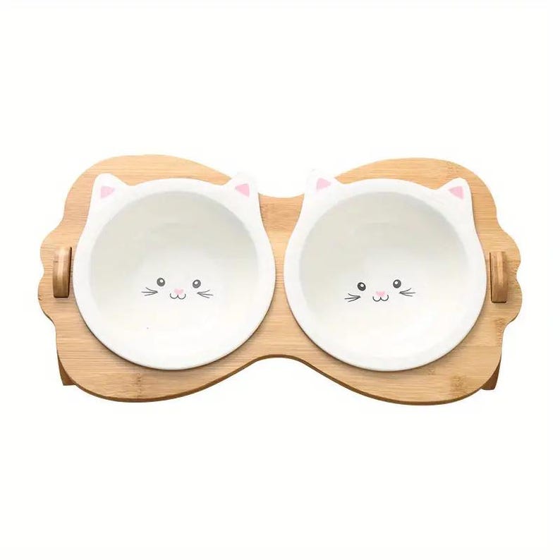 Elevated Cartoon Cat Bowl With Wood Stand Ceramic Cat Food & Water Dish