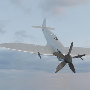 Modello del Supermarine Spitfire, scala 1:28, con supporto, carrello di atterraggio pieghevole ed elica rotante. Prese d'aria argentate.