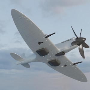 Può includere: Un aereo bianco con un'elica nera che vola in un cielo nuvoloso.