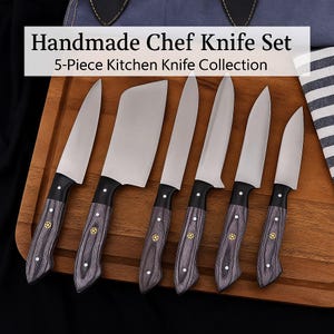 Handmade Chef Knife Set – 5-Piece Kitchen Knife Collection – Forged Steel Blades with Wooden Handles – Culinary Cooking Tools