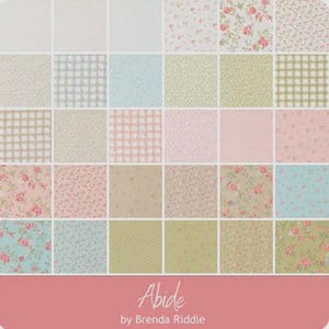 May include: A fabric swatch collection featuring a variety of floral, gingham, and dotted patterns in pastel colors. The collection includes pink, green, blue, and beige fabrics. The text "Abide by Brenda Riddle" is displayed on a pink banner at the bottom.