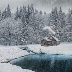 May include: A serene winter landscape featuring a snow-covered cabin nestled beside a tranquil, blue stream. Towering evergreen trees blanketed in snow surround the cabin, with a small bridge crossing the stream. Smoke rises from the cabin's chimney, suggesting warmth.