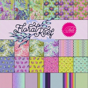 May include: A collection of fabric swatches with various floral and marine-themed patterns. The designs include coral, seashells, and abstract floral arrangements in shades of pink, green, purple, and blue. The text "Floral Reef" is displayed in a stylized font.