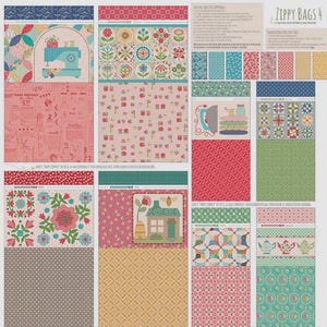 May include: A fabric panel titled Zippy Bags 4 featuring various printed designs including a sewing machine, floral patterns, a small house, teapots, and instructional text. The fabric displays a multi-colored palette of pink, blue, green, and yellow with geometric and botanical motifs throughout the grid layout.