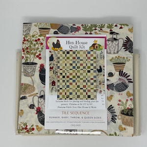 May include: A Hen House Quilt Kit with fabric featuring a patchwork design and chicken motifs. The kit includes fabric for piecing and binding, plus the pattern. The finished quilt measures 64.5 inches by 50 inches.
