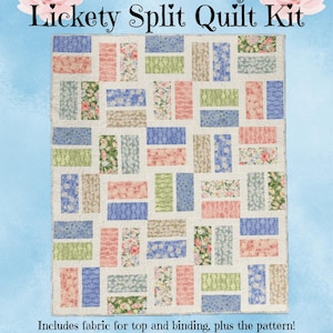 May include: Sweet Cecily Lickety Split Quilt Kit. The quilt features a patchwork design with rectangular blocks in shades of pink, blue, green, and floral patterns. The finished quilt measures 60" by 72". Includes fabric for top and binding, plus the pattern.