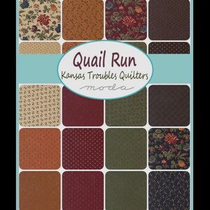 May include: A fabric swatch collection titled Quail Run by Kansas Troubles Quilters for moda, featuring sixteen square samples in various earth tones including deep red, olive green, brown, and cream with floral, vine, and dotted patterns.