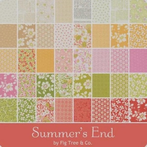May include: A fabric square featuring a patchwork design with various floral and patterned squares in shades of pink, green, yellow, and orange. The text "Summer's End" is displayed in a white script font on a red background.