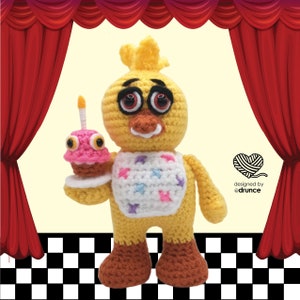 May include: A yellow crocheted toy chicken holding a pink and white cupcake with a lit candle. The chicken has red eyes and a white apron with pink and blue stars. The toy is standing on a black and white checkered floor in front of a red curtain.
