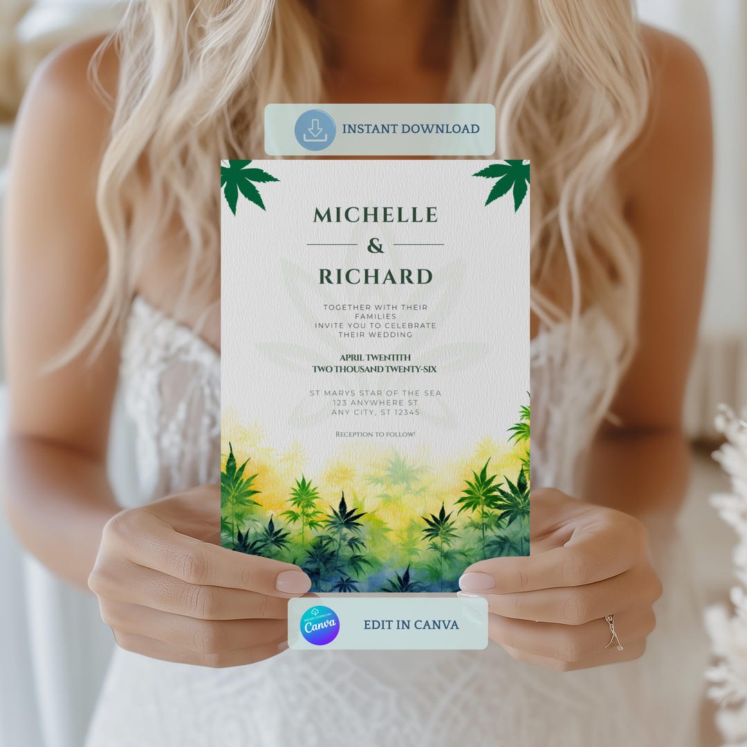 420 Cannabis Wedding Invitation Template, Weed Leaf Invite, Editable ...