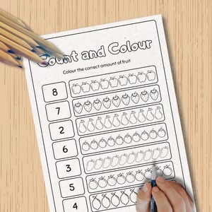 May include: A black and white printable worksheet with the text "Count and Colour" and instructions to "Colour the correct amount of fruit". The worksheet has numbers 8, 7, 6, 5, 4, 3, and 2 listed down the left side. Next to each number is a row of fruit images to colour in.