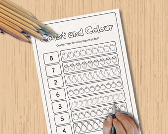 May include: A black and white printable worksheet with the text "Count and Colour" and instructions to "Colour the correct amount of fruit". The worksheet has numbers 8, 7, 6, 5, 4, 3, and 2 listed down the left side. Next to each number is a row of fruit images to color in.
