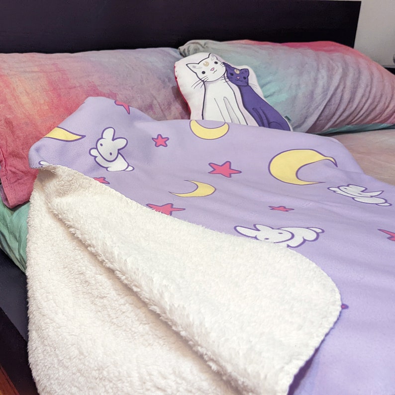 Crescent Moon and Bunny Pattern Sherpa Fleece Blanket Anime Bedroom Anime Blanket image 4