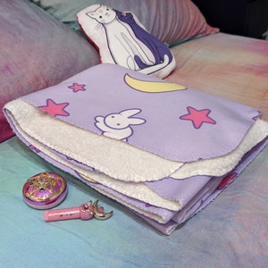 Crescent Moon and Bunny Pattern Sherpa Fleece Blanket Anime Bedroom Anime Blanket image 5