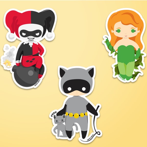 Gotham Sirens Waterproof Vinyl Stickers | Chibi Villain Stickers | Fan Art | Harley Quinn | Poison Ivy | Catwoman