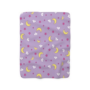 Crescent Moon and Bunny Pattern Sherpa Fleece Blanket Anime Bedroom Anime Blanket image 8