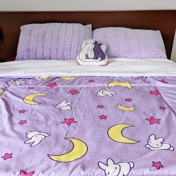 Crescent Moon and Bunny Pattern Comforter, Twin Twin XL Queen Full Size Bed