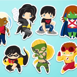 Young Justice Waterproof Vinyl Stickers | Chibi Superhero Stickers | Fan Art | Robin, Kid Flash, Artemis, Miss Martian, Superboy, Zatanna