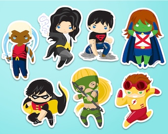 Young Justice Waterproof Vinyl Stickers | Chibi Superhero Stickers | Fan Art | Robin, Kid Flash, Artemis, Miss Martian, Superboy, Zatanna