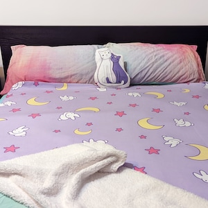 Crescent Moon and Bunny Pattern Sherpa Fleece Blanket Anime Bedroom Anime Blanket image 1