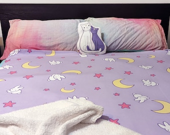 Crescent Moon and Bunny Pattern Sherpa Fleece Blanket | Anime Bedroom | Anime Blanket