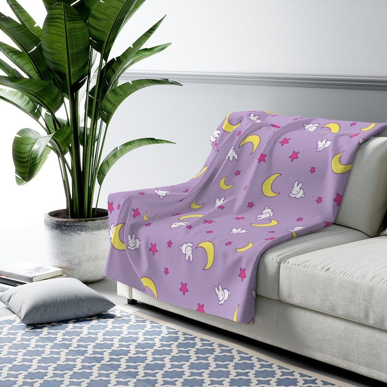 Crescent Moon and Bunny Pattern Sherpa Fleece Blanket Anime Bedroom Anime Blanket image 10