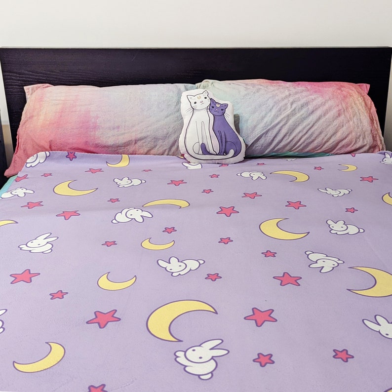 Crescent Moon and Bunny Pattern Sherpa Fleece Blanket Anime Bedroom Anime Blanket image 3