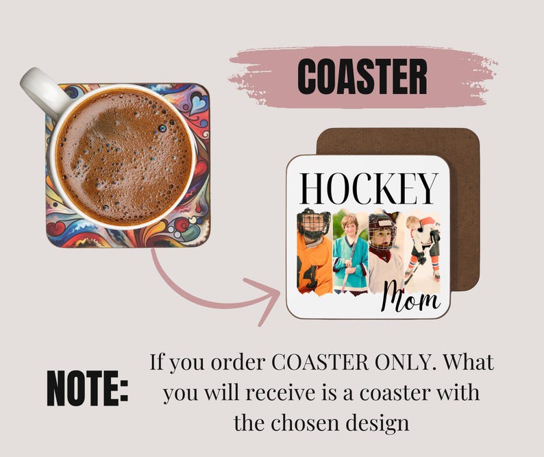 Puede incluir: Dos posavasos cuadrados. Uno tiene un dise&ntilde;o abstracto colorido con una taza de caf&eacute;. El otro posavasos tiene el texto "HOCKEY Mom" con im&aacute;genes de jugadores de hockey. La palabra "COASTER" est&aacute; escrita arriba.