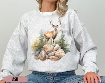 Retro Deer Wilderness Scene Sweatshirt, Nineties Vintage Buck And Doe Deer Outfit, Boho Unisex Crewneck Sweatshirt, Deer Hunting Gifts