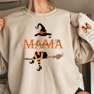 Custom Halloween Mama Sweatshirt, Mom Mama Halloween Sweatshirt With Names On Sleeve, Mommy Halloween Gift From Kids, Mommy Witch Sweatshirt