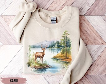 Retro tröja med vildmarksmotiv för hjortar, nittiotalets vintage-outfit med hjortar, boho unisex tröja med rund hals, vandringströja