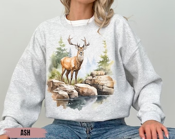 Retro Deer Wilderness Scene Sweatshirt - Nineties Vintage Buck And Doe Deer Outfit - Boho Unisex Crewneck Sweatshirt