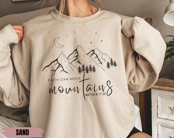 Sudadera con el lema "La fe mueve montañas", cuello redondo con versículo bíblico cristiano