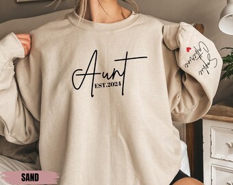 Custom Auntie Sweatshirt, Personalized Aunt Hoodie With Nieces Nephews Names On Sleeve, Pregnancy Reveal Outfit, Christmas Gift Auntie