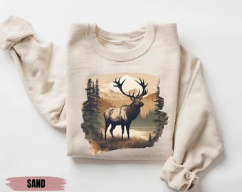 Retro Bull Elk Wilderness Scene Sweatshirt, Nineties Vintage Elk Nature Outfit, Boho Unisex Crewneck Sweatshirt, Vintage Sweatshirt Wildlife