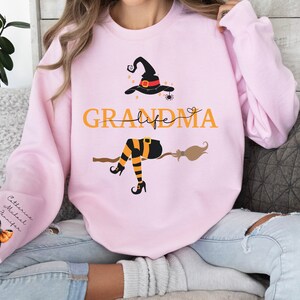 Custom Halloween Grandma Witch Sweatshirt, Grandma And Grandkids Halloween Sweatshirt, Grandma Shirt With Name On Sleeve, Mom Halloween Gift
