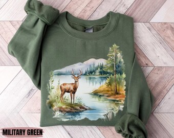 Retro tröja med hjortmotiv, hjorttröja, 90-tals nostalgisk djurtröja, boho unisex rund hals, skogströja, Montana