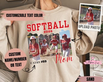 Custom Softball Mom or Dad Photo Sweatshirt, Senior 2026 Softball Hoodie, Personalized Team Picture Sweatshirt, Sports Mom Gift Game Day Tee