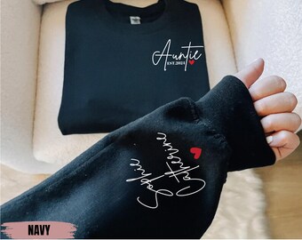 Custom Auntie Sweatshirt With Niece Nephew Names On Sleeve, Personalized Aunt Hoodie, Auntie Outfit, New Auntie Clothing, Announcement Gifts