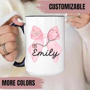 Personalized Nurse Mug with Pink Coquette Bow & Stethoscope, Custom Nurse Mug, Personalized Nurse Coffee Mug, Nurse Christmas Birthday gift