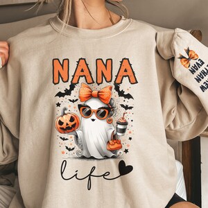 Custom Halloween Nana Ghost Sweatshirt, Personalized Nana And Grandkids, Grandma Sweatshirt With Name On Sleeve, Mimi Halloween Gift, Nana