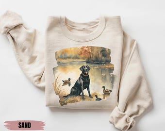 Sudadera retro con diseño de patos silvestres de laboratorio negro, atuendo vintage de los años noventa y noventa para cazar patos de labrador retriever, sudadera unisex con cuello redondo estilo bohemio